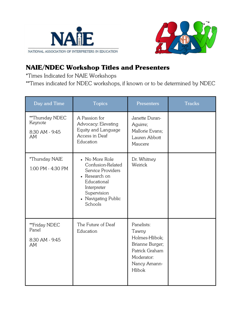 NAIENDEC Workshop Titles and Presenters Times Indicated for NAIE Workshops Times indicated for NDEC workshops, if known or to be determined by NDEC